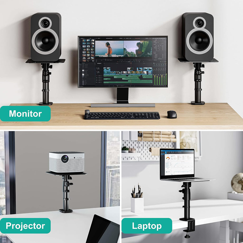 WALI Studio Monitor and Speaker Stand, Clamp-on Desktop Stand Set of 2, Height Adjustable Universal Audio Holder for Bookshelf Speakers Laptops Projectors (SDS003), Black