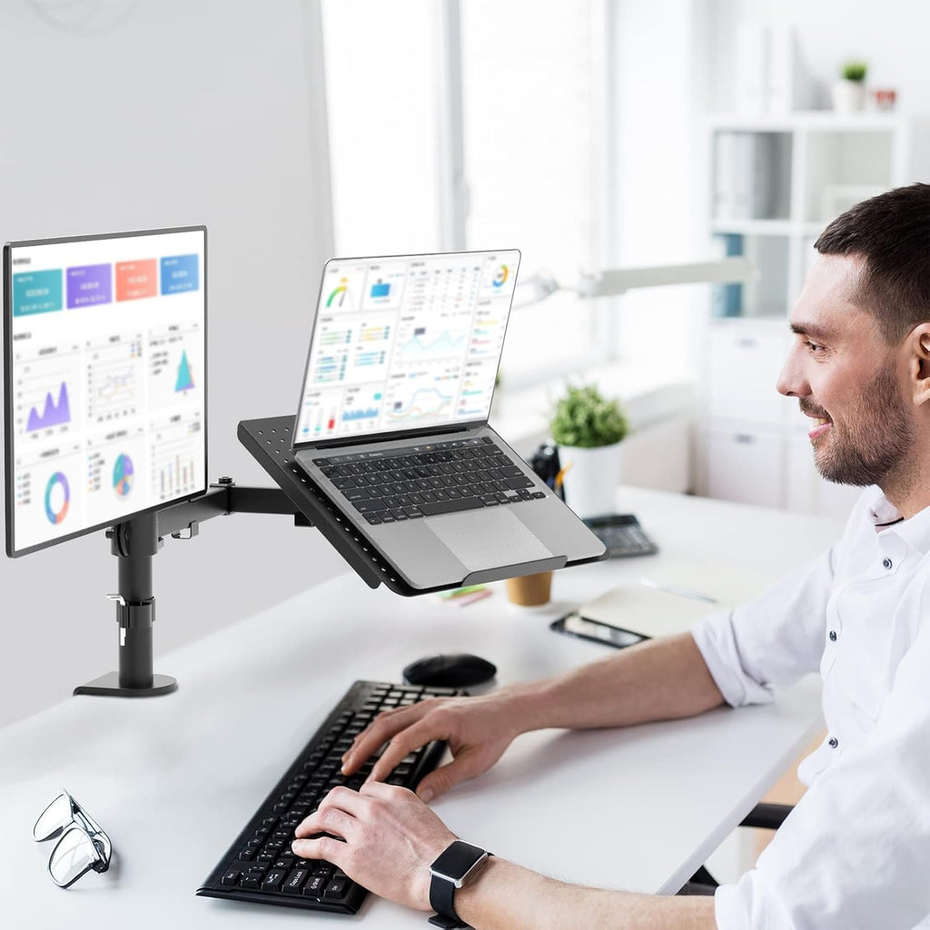 WALI Laptop and Monitor Stand, Fully Adjustable Monitor Mount and Laptop Tray for 1 Notebook up to 17 inch and 1 Screen up to 27 inch, 22 lbs, Weight Capacity (M001LP), Black
