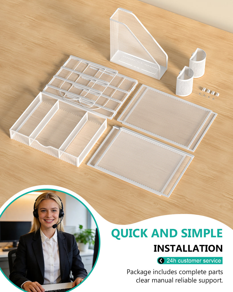 WALI Desk File Organizer, 4 Tier Desktop Paper Letter Tray Organizer with Drawer and 2 Pen Holders, Office Desk Accessories & Workspace Organizers for Office, Home Supplies(DO005DH-W), 1 Pack, White
