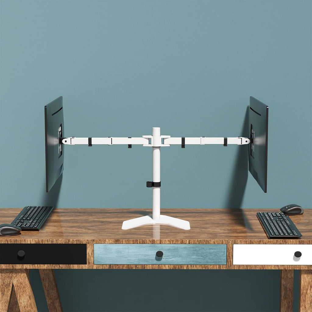 WALI Dual Monitor Stand, Free Standing Desk Mount for 2 Monitors up to 27 inch, 22 lbs. Weight Capacity per Arm, Fully Adjustable with Max Mounting Pattern 100x100mm (MF002-W), White