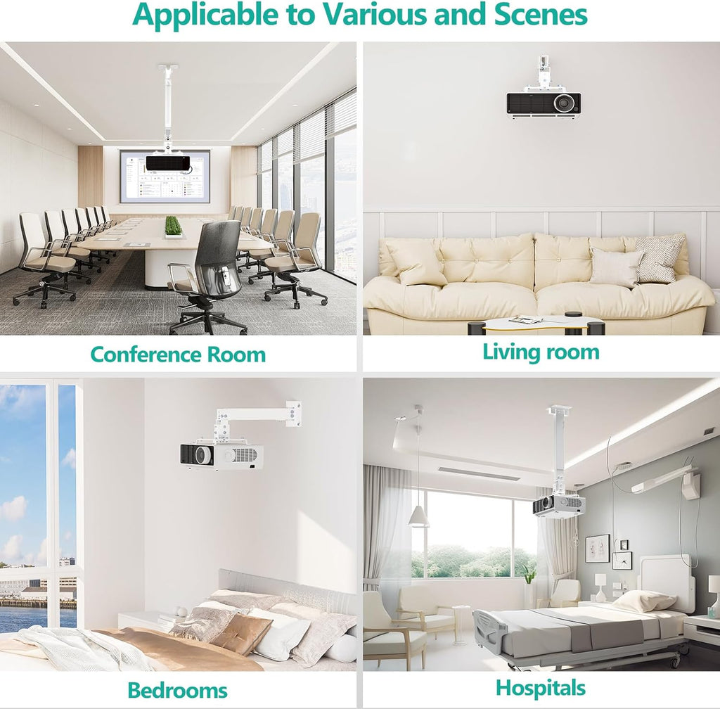 WALI Projector Mount Ceiling/Wall - Universal 3-in-1 Bracket with Extension Pole, Height Adjustable Holder for LCD/DLP Projectors, Supports up to 44lbs, White (PM-003-W)