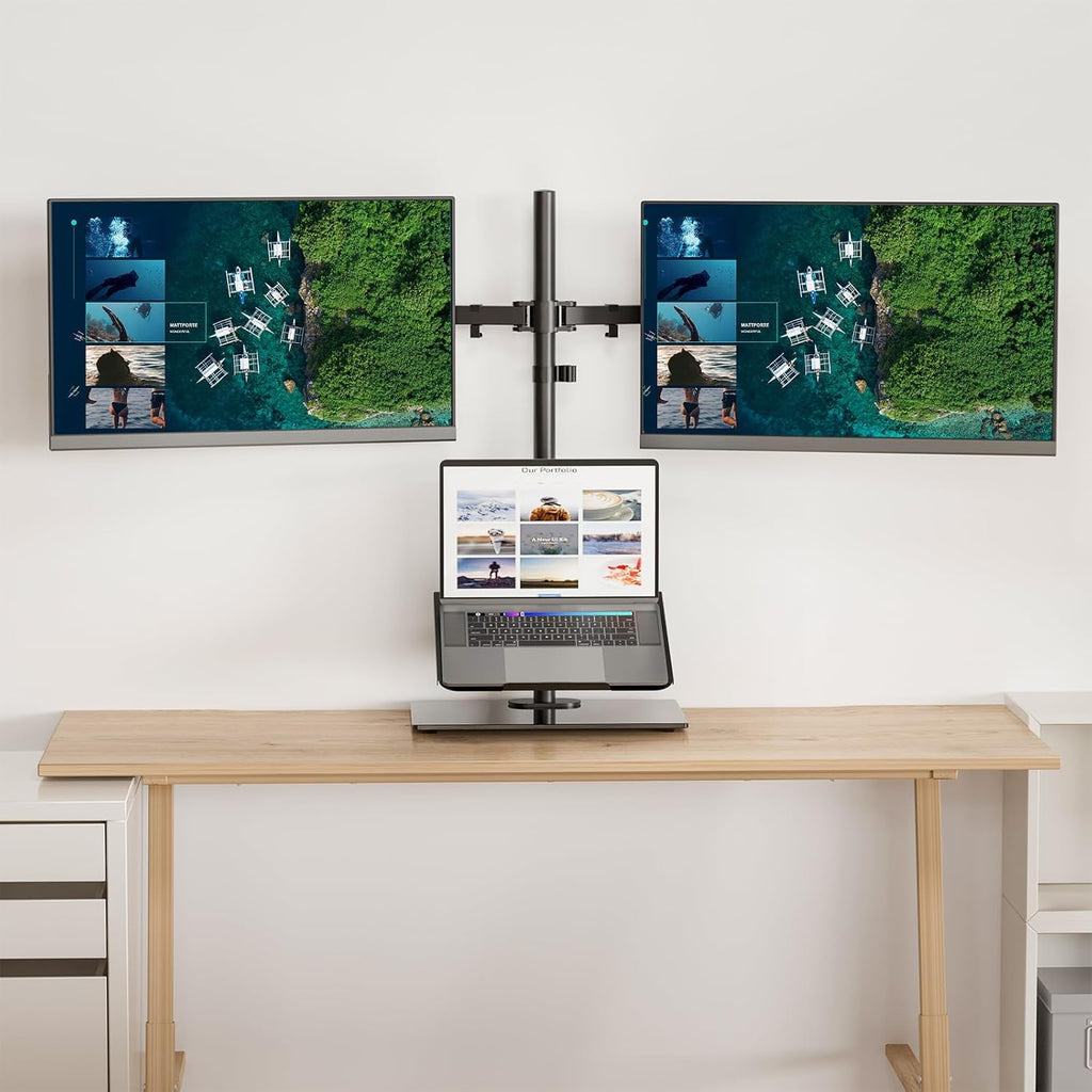WALI Free Standing Dual Monitor and Laptop Stand, Height Adjustable Laptop Mount with Glass Base, Monitor Mount Fits up to 27 inch Monitors and 17 inch Laptops (GMF003LP), Black