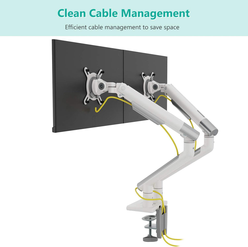 WALI Dual Monitor Stand White Monitor Arms for 2 Monitors, Mechanical Spring Tension Indicator Fully Adjustable Bracket, Up to 32 inch, 22lbs Weight Capacity (MATI002-W), White