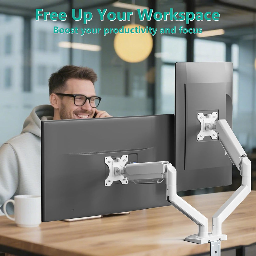 WALI Dual Monitor Stand for 17-32 inch Screens, Dual Monitor Arms for 2 Monitors Holds up to 19.8 lbs, Adjustable Gas Spring Dual Monitors Mount, VESA 75x75/100x100mm (GSMP002NW), White