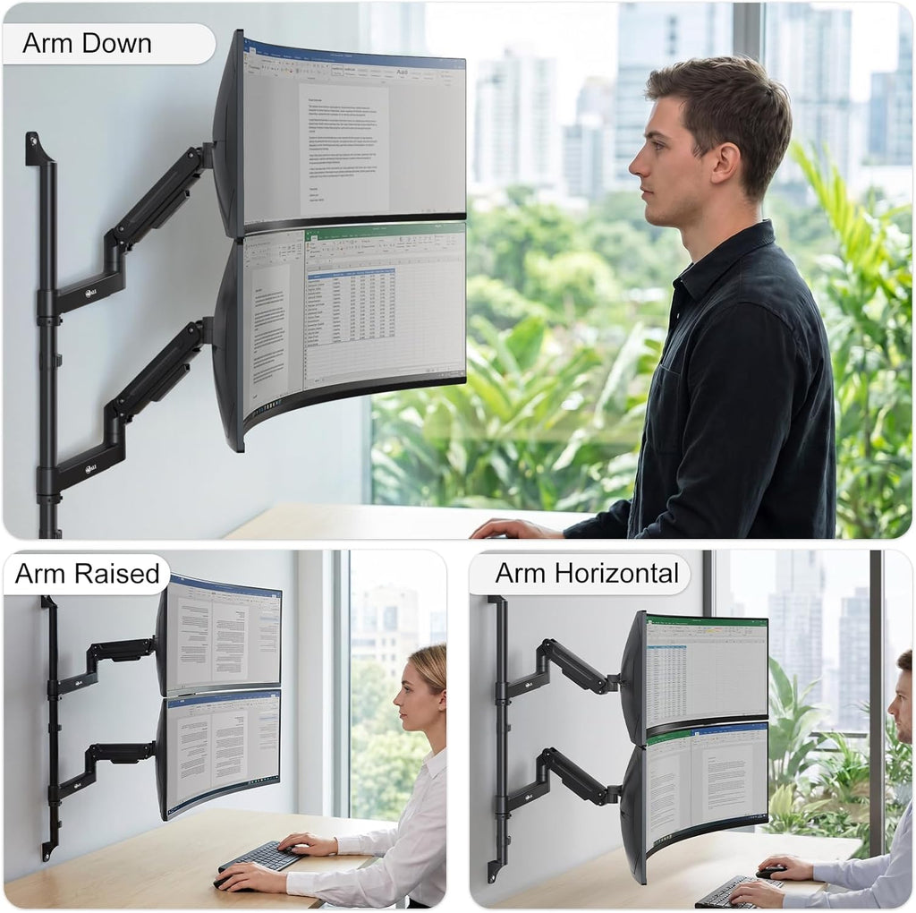 WALI Vertical Dual Monitor Wall Mount for 13-49 inch Screens, Heavy Duty Stacked Dual Monitor Stand for Wall, Adjustable Ultrawide Monitor Arm Wall Mounted, Holds up to 44 lbs (GSWM002-P), Black