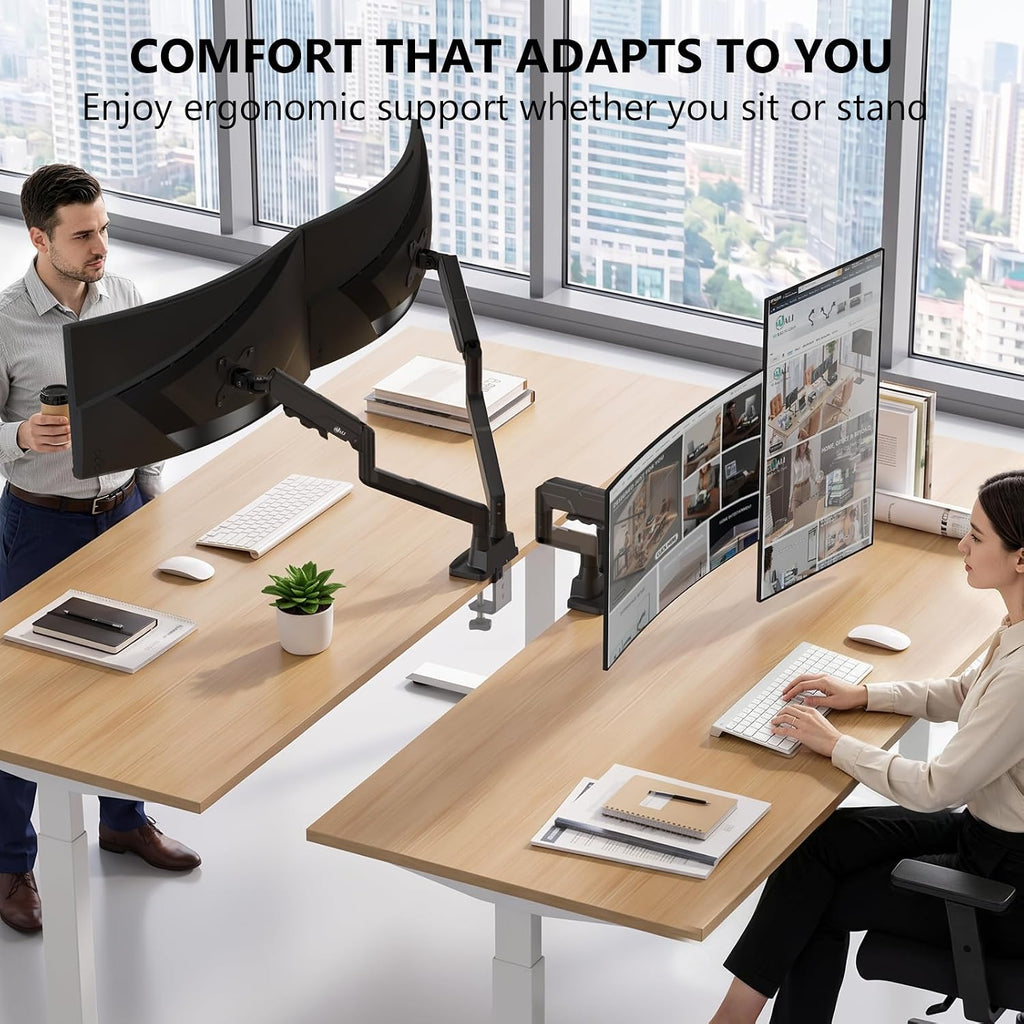 WALI Adjustable Dual Monitor Mount for 13-43 inch Screens, up to 22 lbs | Ultrawide Monitor Arms for 2 Monitors, Full Motion with Tilt, Swivel, Rotation, C-Clamp/Grommet, VESA 75/100mm (GSM002XLN)