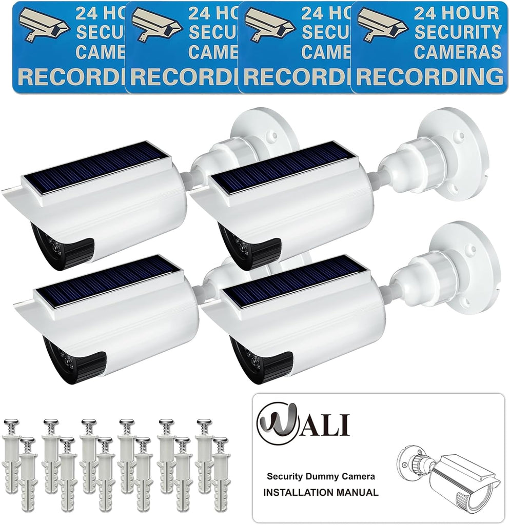 WALI Fake Dummy Camera, Solar Powered Fake Security Camera with LED Light, for Inside Outside Decoy Simulated Surveillance Security CCTV Dome Cameras with Warning Sticker (SOLTC-W4), 4 Packs, White