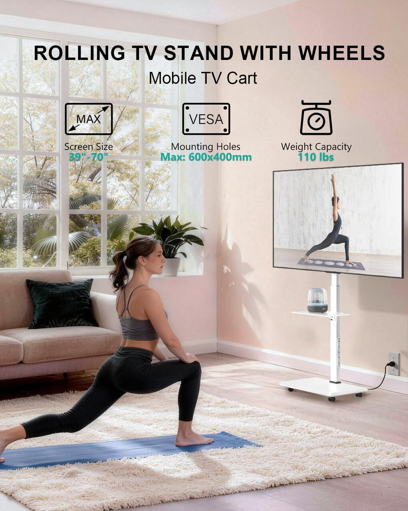WALI Rolling TV Stand with Power Outlet & AV Shelf, Mobile Tall TV Stand Mount on Wheels for 39-70 inch TV up to 110 lbs, Swivel Height Adjustable TV Cart with Wood Base for Bedroom(TVDVD-6PRW), White