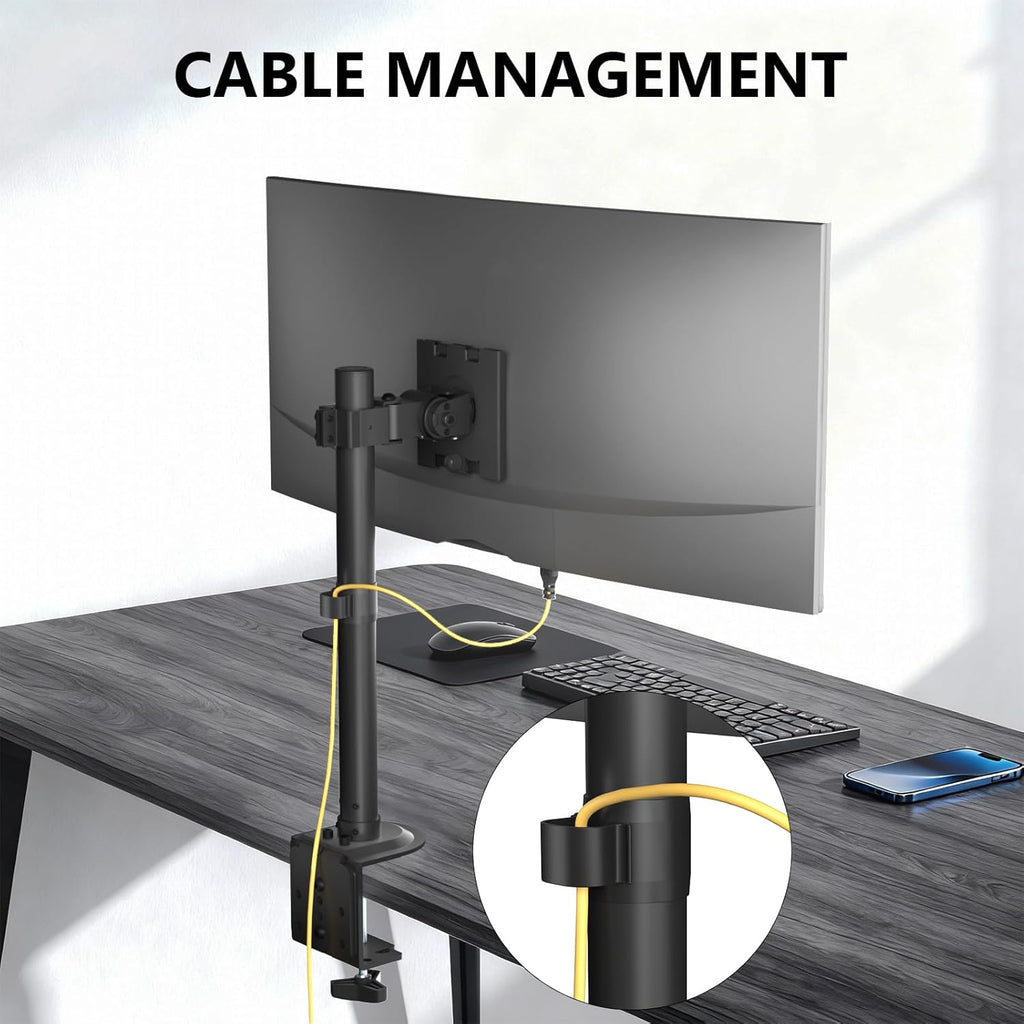 WALI Heavy Duty Single Monitor Arm Desk Mount for 13-49 Inch Screens, Ultrawide Monitor Stand with Full Motion Tilt, Swivel, Rotation, Holds up to 44 lbs, C-Clamp Mount for VESA 75/100mm,(M001S-P)