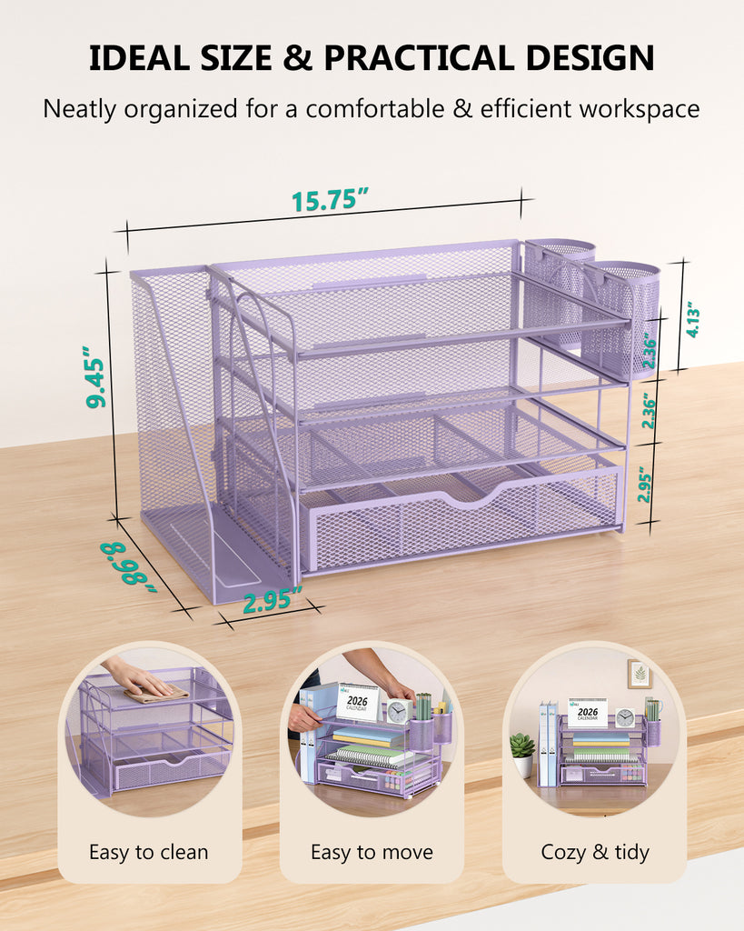 WALI Desk File Organizer, 4 Tier Desktop Paper Letter Tray Organizer with Drawer and 2 Pen Holders, Office Desk Accessories & Workspace Organizers for Office, Home Supplies(DO005DH-V), 1 Pack, Purple