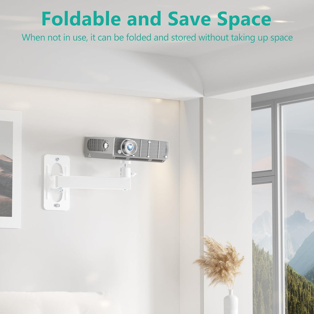 WALI Mini Porjector Wall Mount, Wall Projector Mount for 1/4" M4 M6 Screws, Fully Adjustable Projector Hanging Bracket Ceiling Mount Holder Holds up 22lbs, White (1330LM-PMWS)