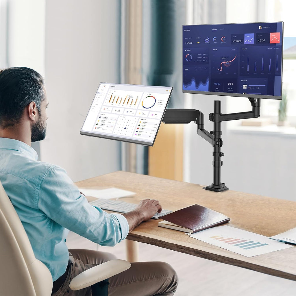 WALI Tall Dual Monitor Desk Mount for 13-33 inch Screens, 19.8 lbs per Arm | Dual Monitor Arms for 2 Monitors, Full Motion with Tilt, Swivel, Rotation, C-Clamp & Grommet, VESA 75/100mm (GSDM002), Black