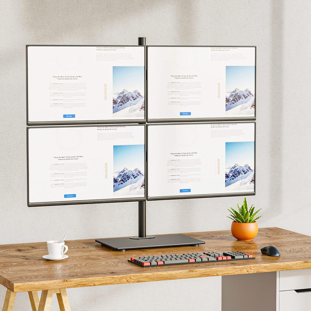 WALI Freestanding Quad Monitor Mount for 17-27 Inch Screens, Fully Adjustable 4 Monitor Stand with Swivel, Tilt, Rotation, Glass Base, Max Load 22 lbs per Arm (GMF004), Black