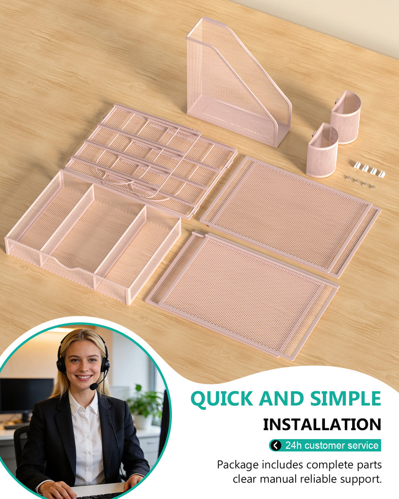 WALI Desk File Organizer, 4 Tier Desktop Paper Letter Tray Organizer with Drawer and 2 Pen Holders, Office Desk Accessories & Workspace Organizers for Office, Home Supplies(DO005DH-P), 1 Pack, Pink