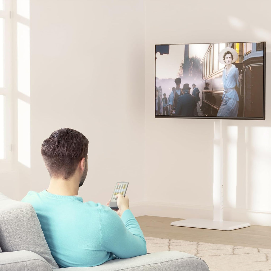 WALI Floor TV Stand with Power Outlet, Tall TV Stand Mount for 32-75 inch TVs up to 110 lbs, Swivel and Height Adjustable TV Stands with Wood Base for Bedroom, Office(TVDVD-7PW), White