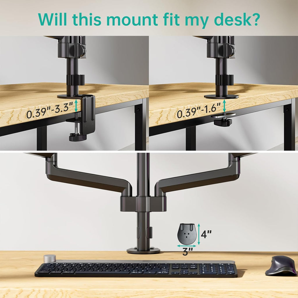 WALI Triple Monitor Mount for 13-27 inch Screens, Adjustable 3 Monitors Desk Mount with Swivel, Tilt, Clamp & Grommet Kit, Gas Spring Arm Triple Monitor Stand, VESA 75x75/100x100mm (GSDM003), Black