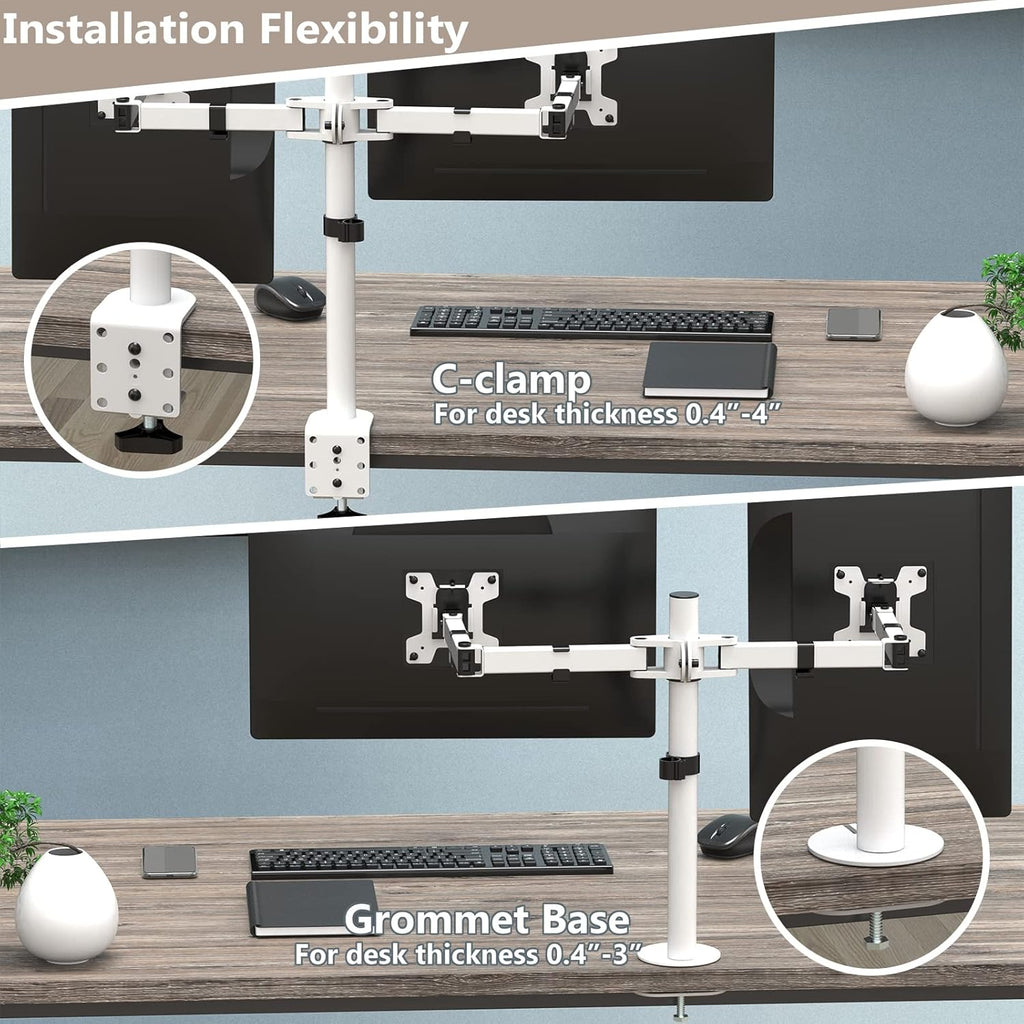 WALI Dual LCD Monitor Fully Adjustable Desk Mount Stand Fits 2 Screens up to 27 inch, 22 lbs. Weight Capacity per Arm (M002-W), White