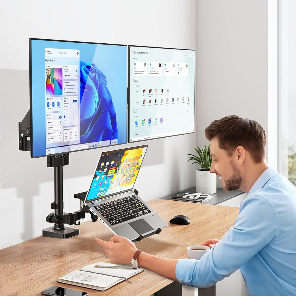 WALI Laptop Mount and Dual Monitor for Max 32" Monitor and 17" Laptop, Adjustable Spring Arm with Tilt, Swivel and Rotation, Dual Monitor and Notebook Stand with VESA 75/100mm(GSDM003LP), Black