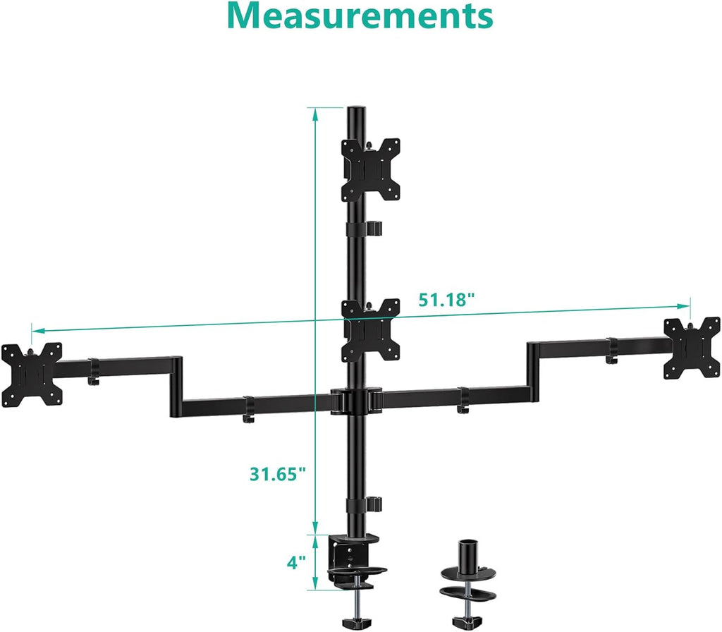 WALI Quad Monitor Mount for 13-27 Inch Screens, Fully Adjustable 4 Monitor Stand with Swivel, Tilt, Rotation, Clamp & Grommet Base Kit, Max Load 22lbs per Screen (M004S), Black