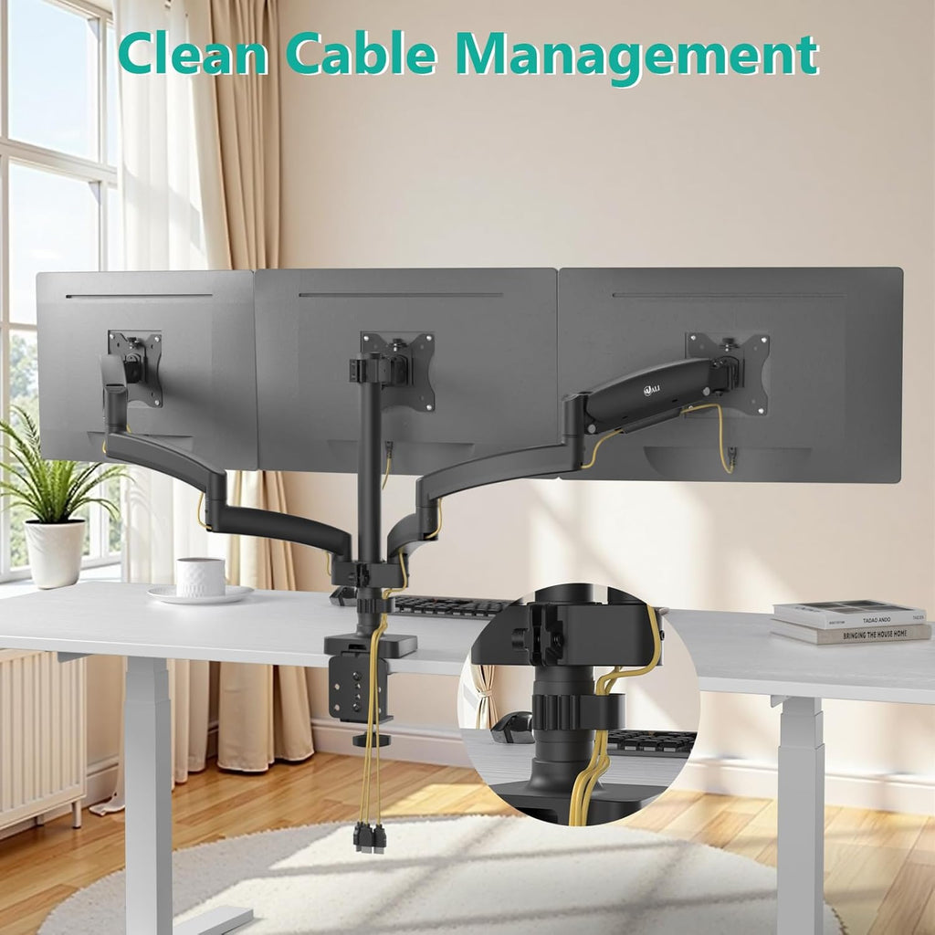 WALI Triple Monitor Mount, 3 Monitor Desk Mount with Premium Gas Spring Arm for Screens up to 27 inch, Multiple Monitors Stand with Tilt, Swivel, Rotation, Mounting Holes 75/100 mm (GSDM003N), Black