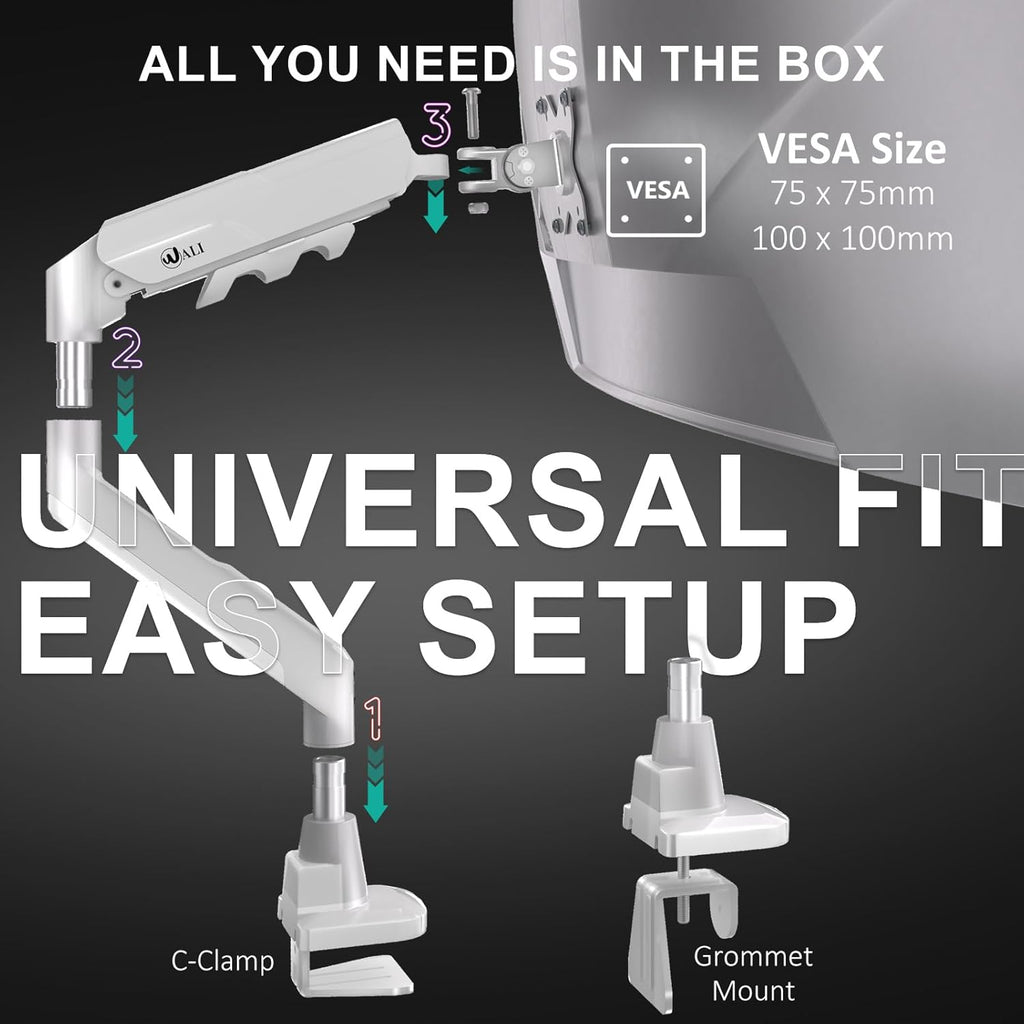 WALI Single Monitor Arm with Desk Mount for 17–49 Inch Screens – Holds Up to 33 lbs, Fully Adjustable VESA Monitor Stand, Heavy Duty Gas Spring for Gaming & Home Office (GSM001XLNW),White