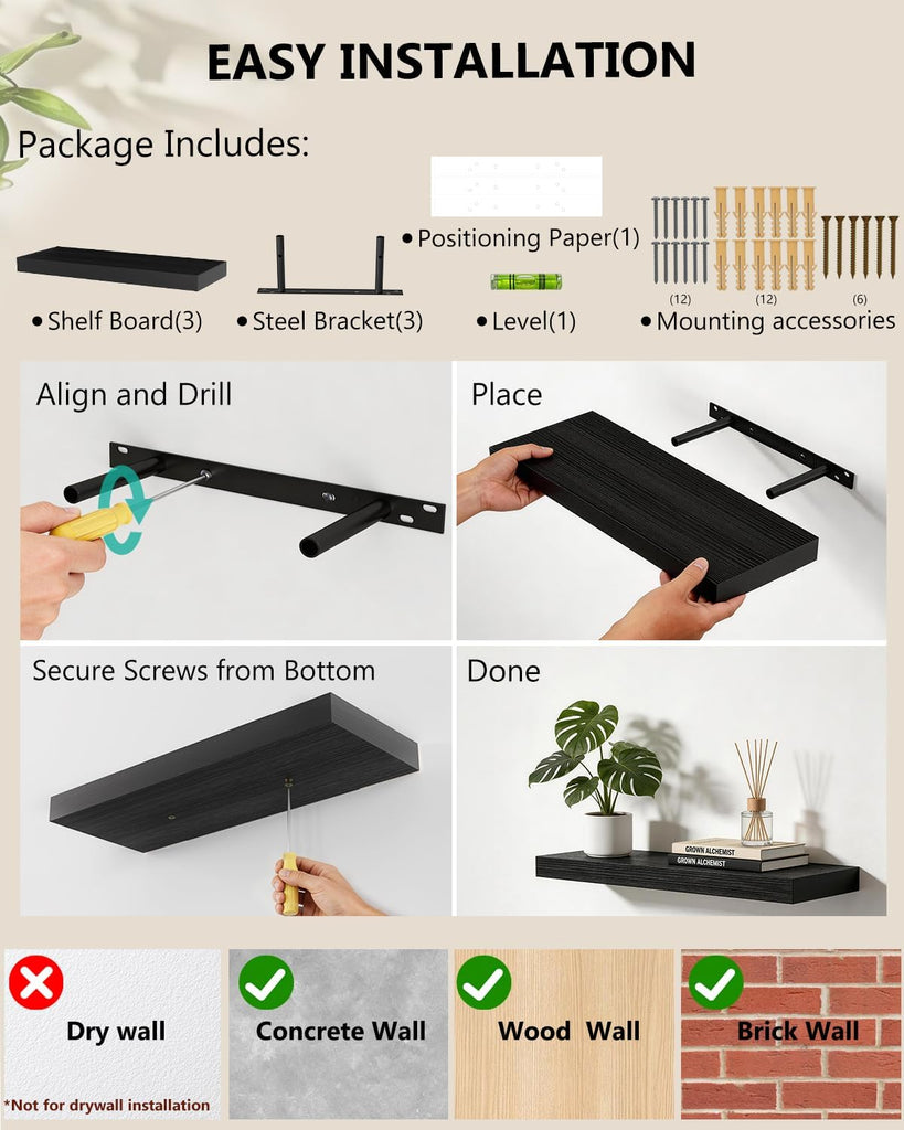 WALI Floating Shelves for Wall, 3 Tier Bathroom Storage Shelf Over Toilet, for Bedroom Bookshelf, Living Room Decor, Kitchen, Nursery, Laundry, Soundbar Floating Shelf Mount Under TV (CS103L), Black