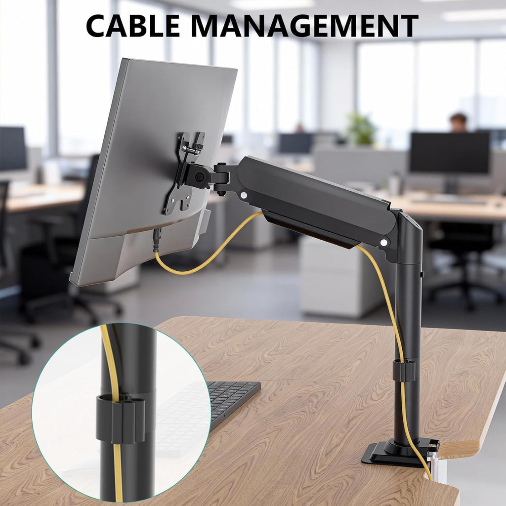 WALI Single Monitor Arm Desk Mount for 13-32 Inch Screens, Premium Gas Spring Monitor Stand with Full Motion Tilt, Swivel, Rotation, Holds up to 19.8 lbs, C-Clamp Mount for VESA 75/100mm (GSDM001S)