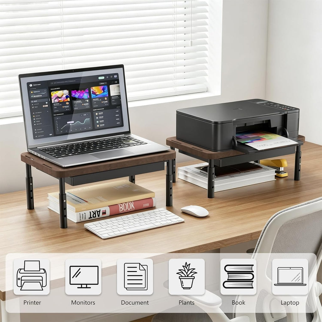 WALI Plastic Computer Monitor Stand with Storage, Adjustable Laptop Riser | Laptop Riser with Airflow Vents, Desk Organizer for Computer, Printer, Notebook (PTT002-C), 1 Pack, Brown