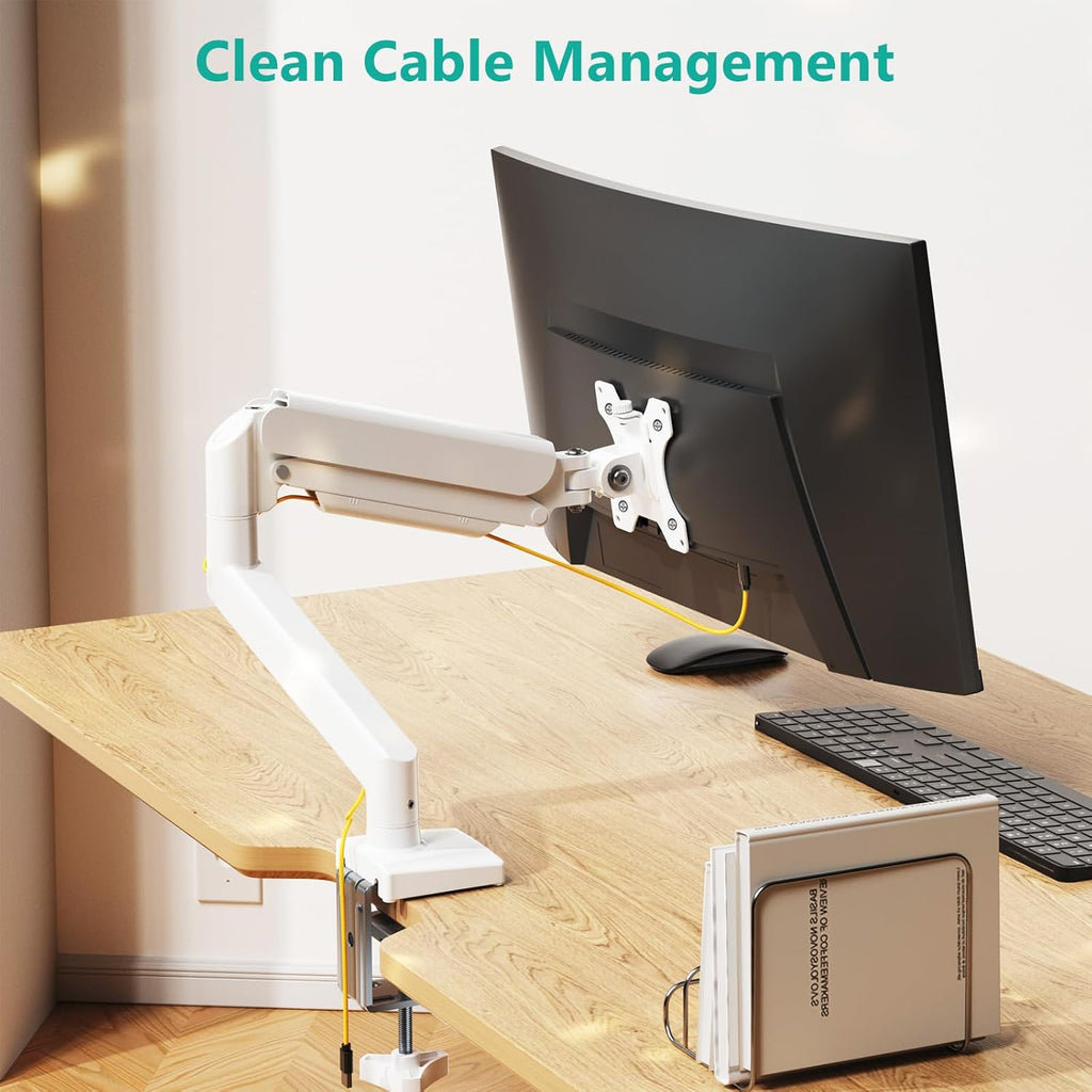 WALI Single Monitor Arm Mount Stand, Adjustable Gas Spring Arm Monitor Mount for Display up to 32 Inch,19.8lbs Capacity (GSMP001W), White