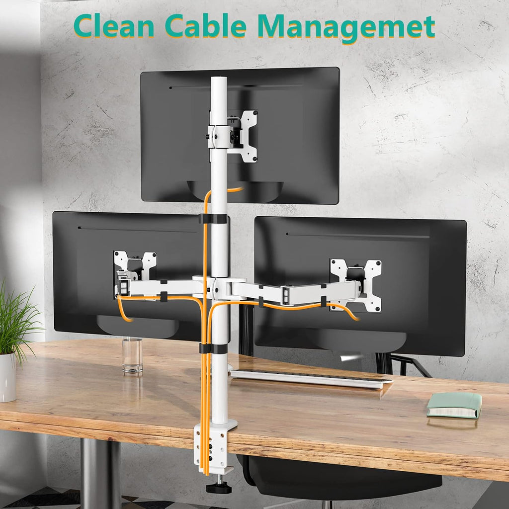 WALI Triple Monitor Stand, Fully Adjustable Three Monitor Desk Mount Fits 3 Screens up to 27 inch, 22 lbs. Weight Capacity per Arm (M003-W), White