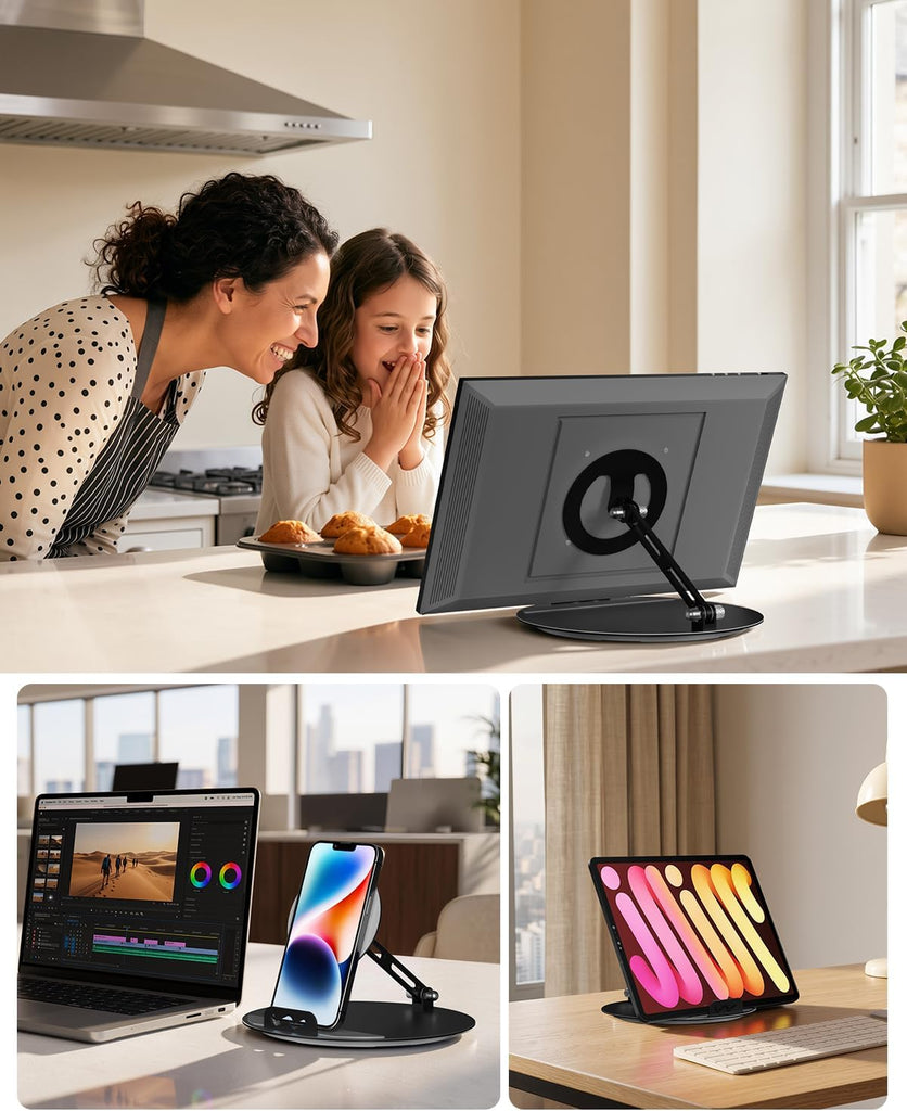 WALI Echo Show 15/21 Stand, Adjustable Stand for Echo Show 15/21 and Up to 18" Tablets/Portable Monitors, 360 Degrees Rotating Tilt Foldable Show 15, 21 Accessories for Kitchen Home Office, Black