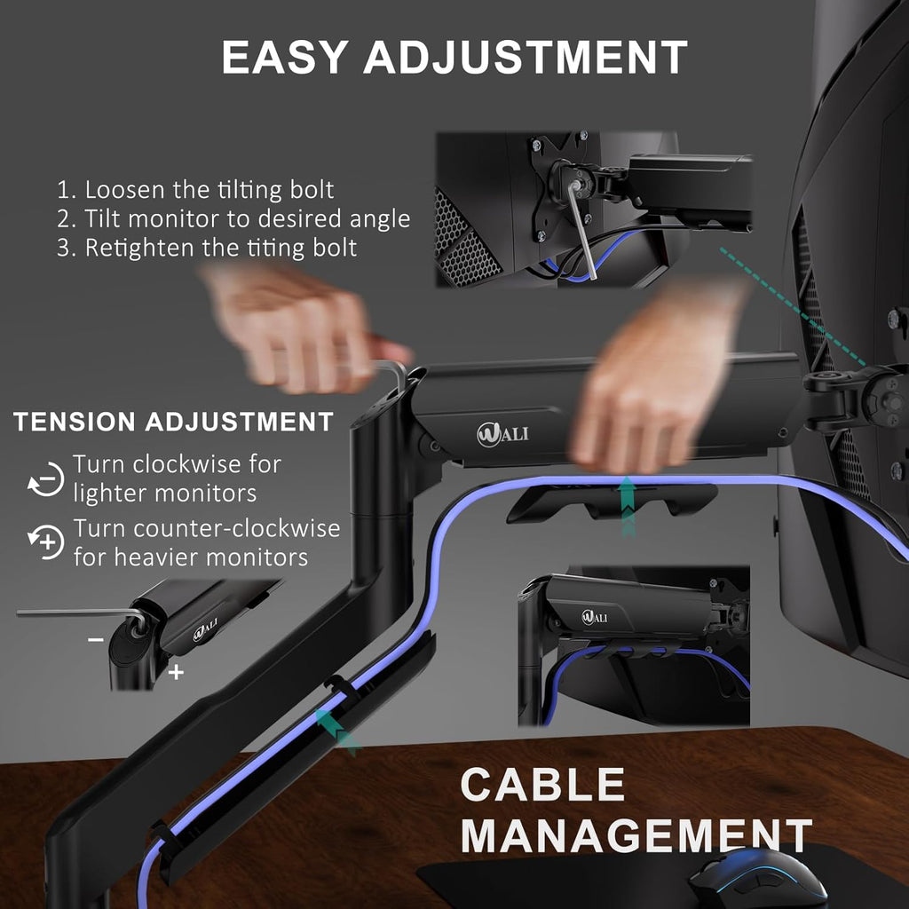 WALI Single Monitor Arm with Desk Mount for 17–49 Inch Screens – Holds Up to 33 lbs, Fully Adjustable VESA Monitor Stand, Heavy Duty Gas Spring for Gaming & Home Office (GSM001XLN)