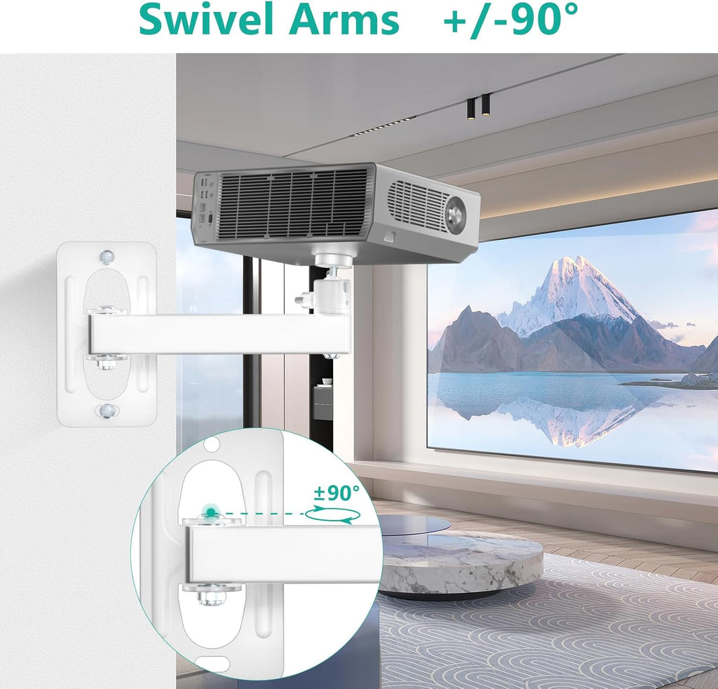 WALI Mini Porjector Wall Mount, Wall Projector Mount for 1/4" M4 M6 Screws, Fully Adjustable Projector Hanging Bracket Ceiling Mount Holder Holds up 22lbs, White (1330LM-PMWS)