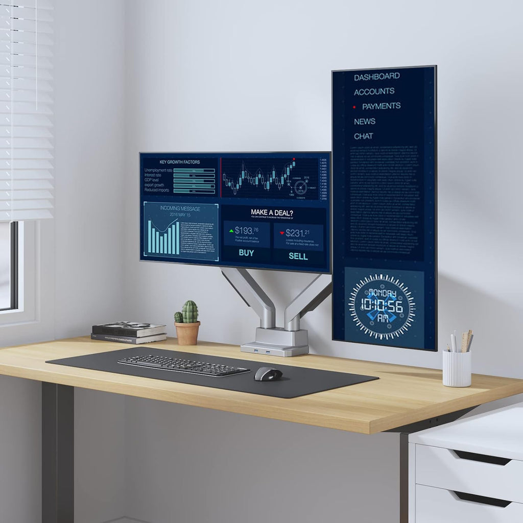WALI Dual Monitor Mount, Monitor Arms for 2 Monitors, Fully Adjustable Gas Spring, with 2 Easily Accessible USB 3.0 Ports for Display Up to 35 Inch, 33lbs, (GSMU002), Silver