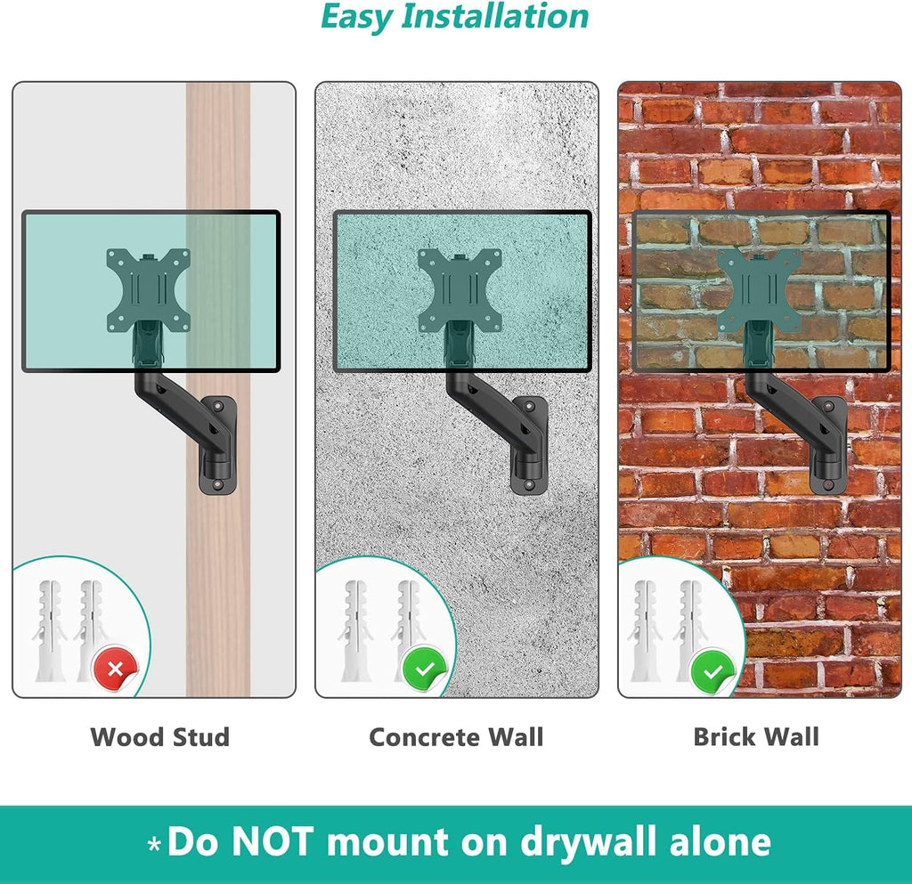 WALI Computer Monitor Wall Mount for 17 to 32 Inch Screens, Single Monitors Mount Holds up to 22lbs, Fully Adjustable Gas Spring Wall Mount Monitor Arm, 75x75/100x100mm VESA Mount (GSWM001), Black