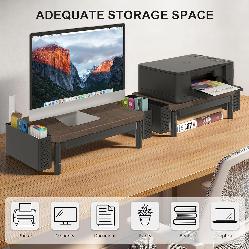 WALI Plastic Computer Monitor Stand with Storage, Desk Organizer with Drawer and Pen Holder, Desk Monitor Riser 3 Height Adjustable, Laptop Riser for Computer, Laptop, Printer(PTT003-C), 1 Pack, Brown