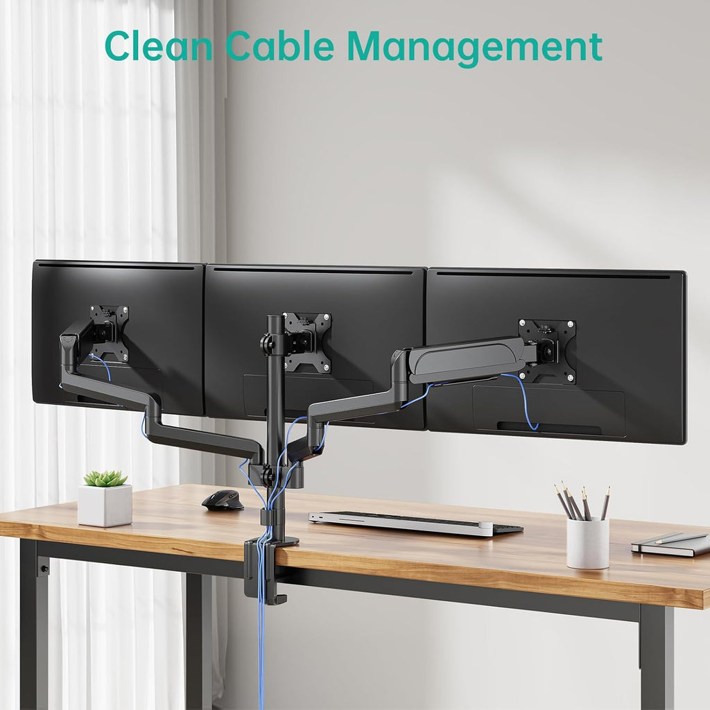 WALI Triple Monitor Mount for 13-27 inch Screens, Adjustable 3 Monitors Desk Mount with Swivel, Tilt, Clamp & Grommet Kit, Gas Spring Arm Triple Monitor Stand, VESA 75x75/100x100mm (GSDM003), Black