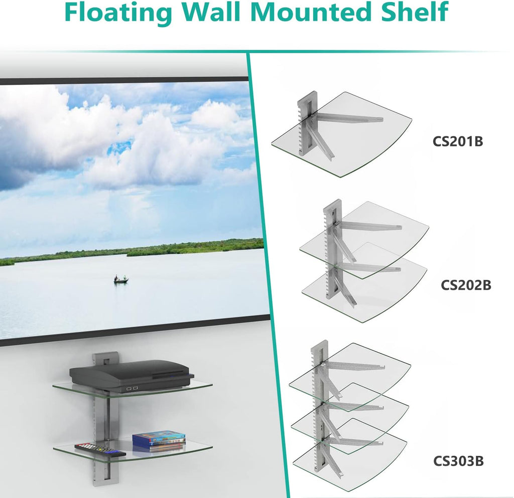 WALI Floating Entertainment Center Shelves, Holds Up to 17.6lbs, TV Shelf with Strengthened Tempered Glasses for DVD Players, Cable Boxes, Games Consoles, TV Accessories (CS202S), 2 Shelf, Silver