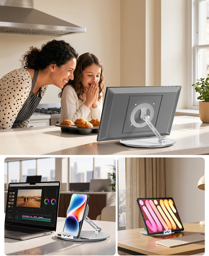 WALI Echo Show 15/21 Stand, Adjustable Stand for Echo Show 15/21 and Up to 18" Tablets/Portable Monitors, 360 Degrees Rotating Tilt Foldable Show 15, 21 Accessories for Kitchen Home Office, Silver