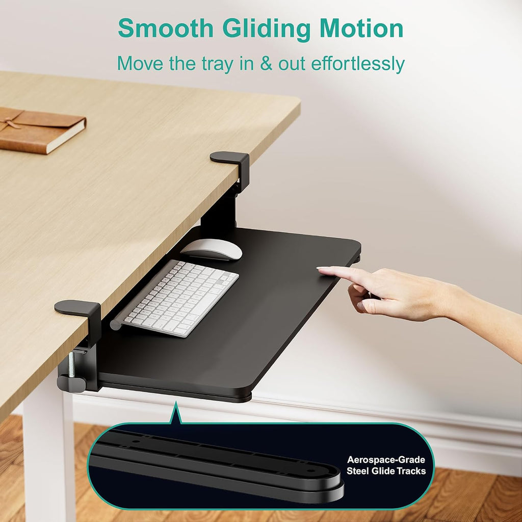 WALI Keyboard Tray Under Desk, Pull-Out Keyboard & Mouse Tray with 45° Adjustable C-Clamp, Ergonomic Platform Computer Drawer for L Shaped & Flat Desk 26.4" x 11.8" (KBT001-B), Black