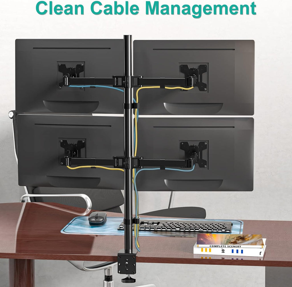 WALI Quad Monitor Desk Mount, 4 Monitor Stand Fits Heavy Duty Computer Screen up to 27 inch, Full Adjustable Arm Holds up to 22 lbs per Arm (M004), Black