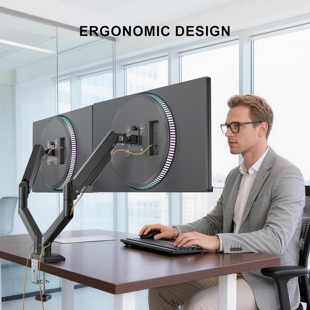 WALI Adjustable Dual Monitor Arm for 13-32 inch Screens, 22 lbs per Arm | Dual Monitor Stand for Desk, Full Motion with Tilt, Swivel, Rotation, C-Clamp & Grommet Base, VESA 75/100mm (GSMP002N), Black