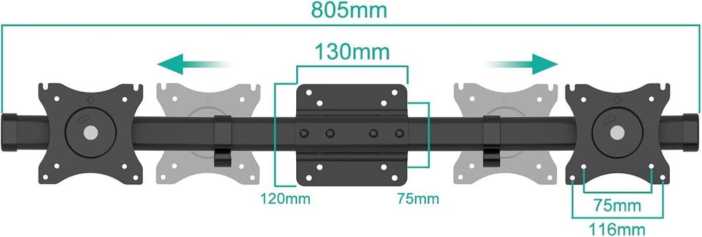 WALI Dual Monitor Wall Mount, Single to Double Bracket Adapter, Horizontal Assembly Arm for 2 Screen up to 27 inch (012ARM), Black