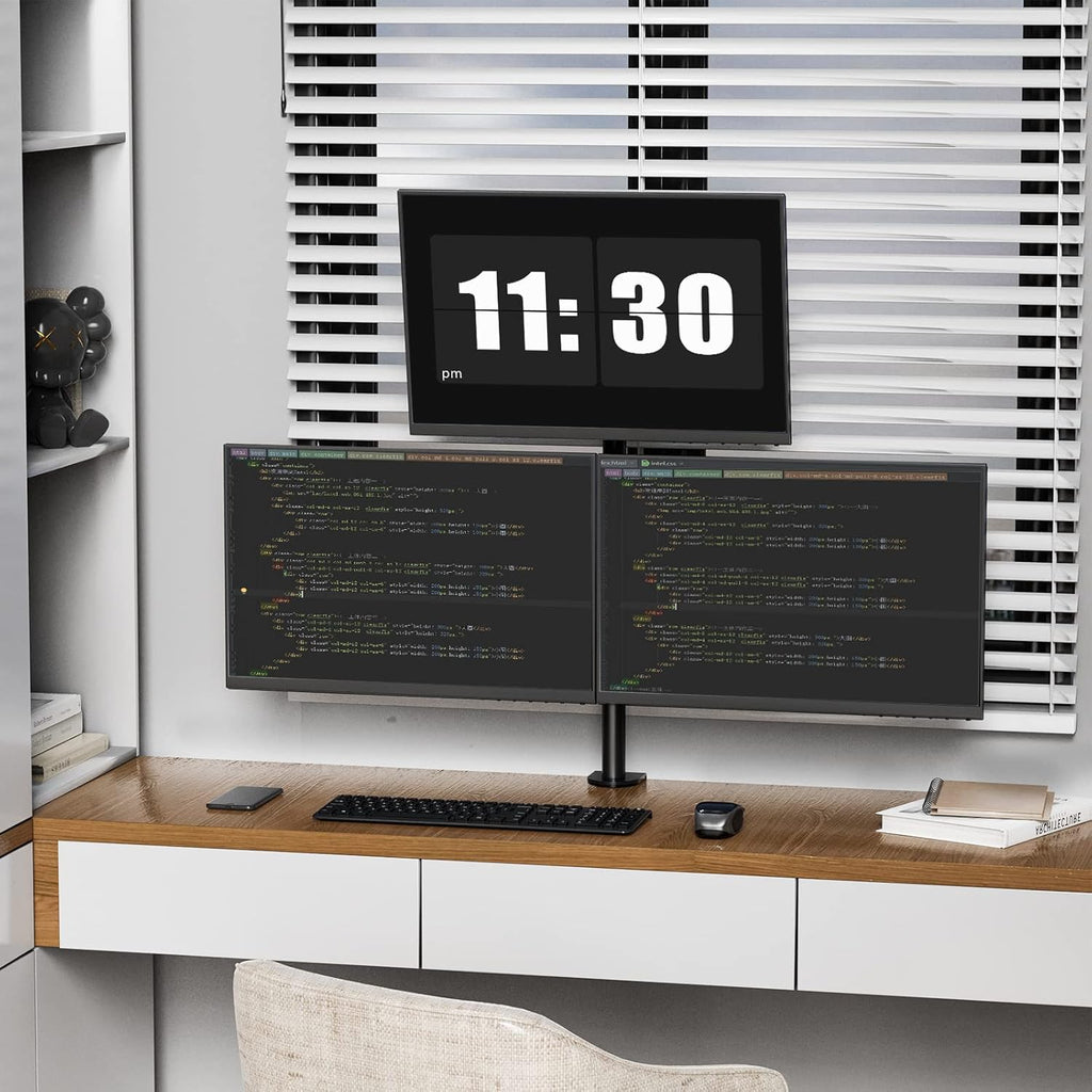 WALI Triple Monitor Mount for 13-27 inch Computer Screens, 3 Monitor Desk Mount, Holds up to 22 lbs, Adjustable Triple Monitors Stand with Swivel Tilt Rotation, 75x75/100x100mm (M003), Black