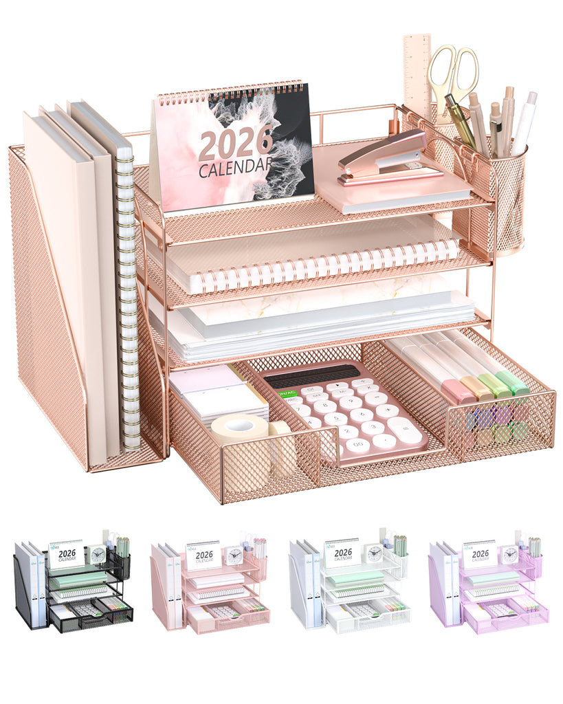 WALI Desk File Organizer, 4 Tier Desktop Paper Letter Tray Organizer with Drawer and 2 Pen Holders, Office Desk Accessories & Workspace Organizers for Office, Home, School Supplies, 1 Pack, Rose Gold