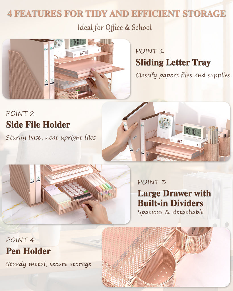 WALI Desk File Organizer, 4 Tier Desktop Paper Letter Tray Organizer with Drawer and 2 Pen Holders, Office Desk Accessories & Workspace Organizers for Office, Home, School Supplies, 1 Pack, Rose Gold