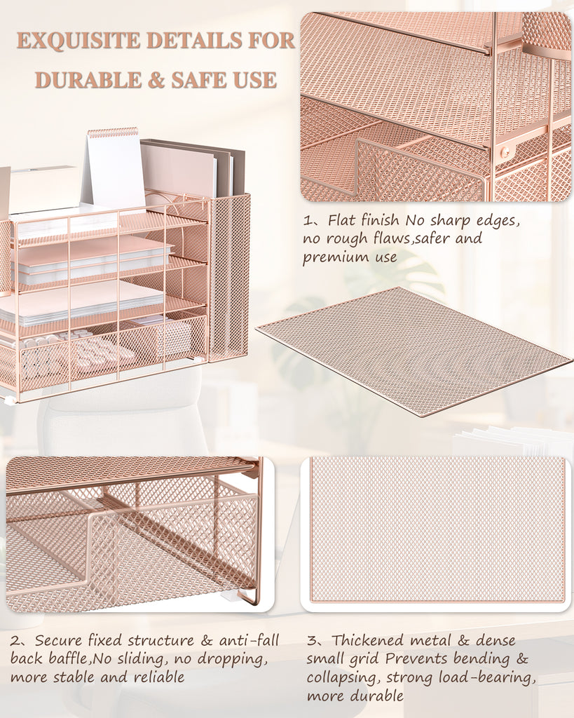 WALI Desk File Organizer, 4 Tier Desktop Paper Letter Tray Organizer with Drawer and 2 Pen Holders, Office Desk Accessories & Workspace Organizers for Office, Home, School Supplies, 1 Pack, Rose Gold