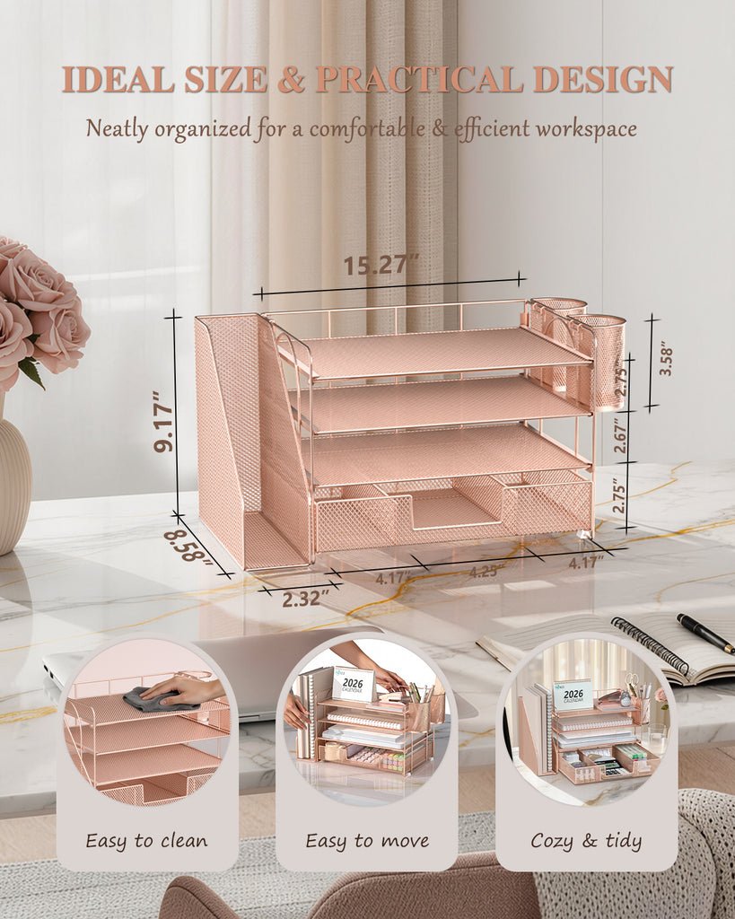 WALI Desk File Organizer, 4 Tier Desktop Paper Letter Tray Organizer with Drawer and 2 Pen Holders, Office Desk Accessories & Workspace Organizers for Office, Home, School Supplies, 1 Pack, Rose Gold