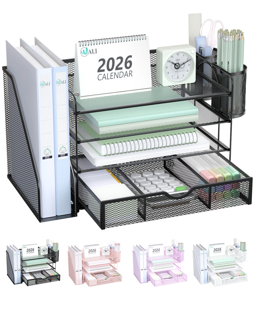 WALI Desk File Organizer, 4 Tier Desktop Paper Letter Tray Organizer with Drawer and 2 Pen Holders, Office Desk Accessories & Workspace Organizers for Office, Home Supplies(DO005DH-B), 1 Pack, Black