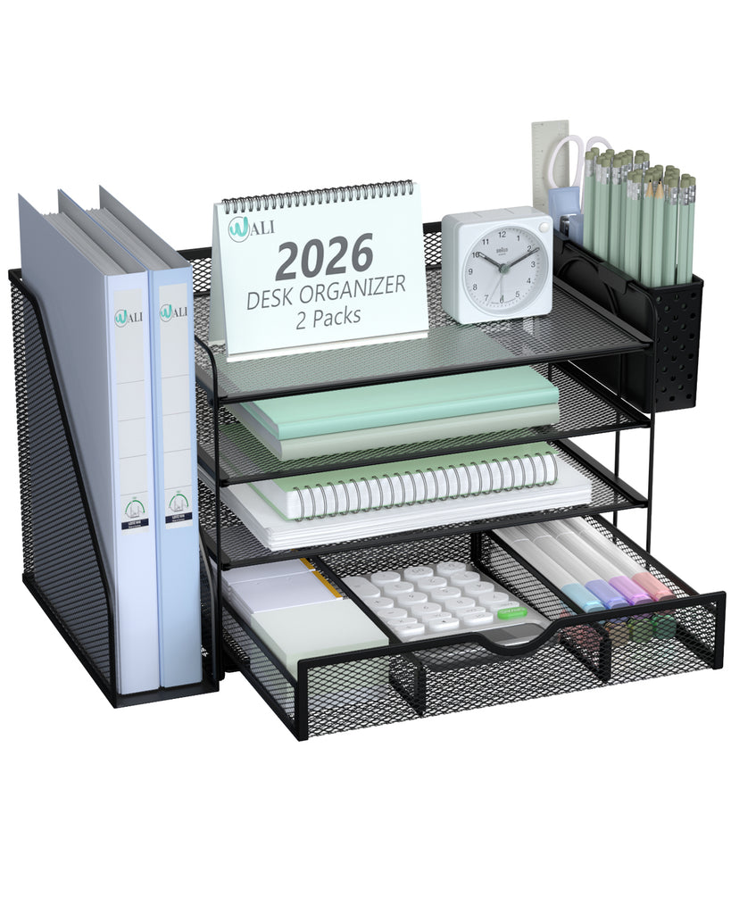 WALI Desk File Organizer, 4 Tier Desktop Paper Letter Tray Organizer with Drawer and 2 Pen Holders, Office Desk Accessories & Workspace Organizers for Office, Home Supplies(DO005DH-2B), 2 Packs, Black